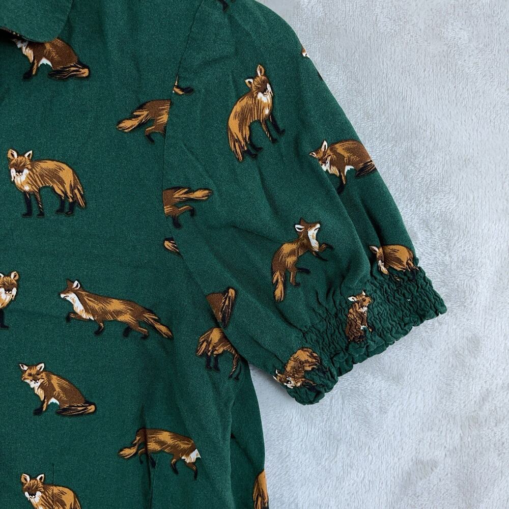 Hell Bunny Vixey Fox Blouse Forest Green Woodland Button Up Women's XS Twee - Picture 5 of 9